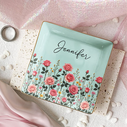 Custom Birth Flower & Name For Her, Gift For Friends, Coworkers, Daughters, Sisters - Personalized Jewelry Dish