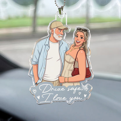 Custom Couple Photo Cartoon Art Gifts For Him, Husband, Boyfriend - Personalized Rear View Mirror Accessory