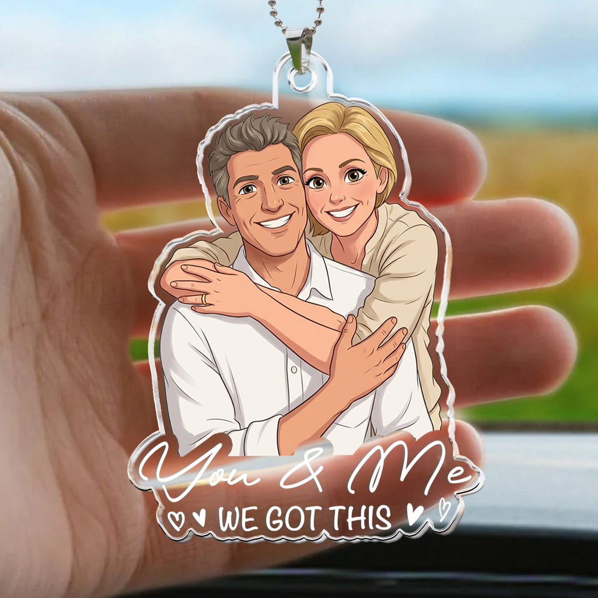 Custom Couple Photo Cartoon Art Gifts For Him, Husband, Boyfriend - Personalized Rear View Mirror Accessory