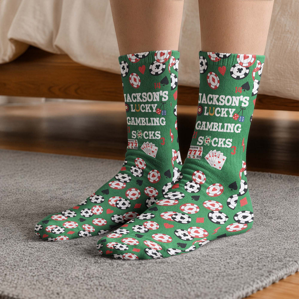 Lucky Gambling Socks, Lucky Poker Socks - Custom Name & Style - Personalized Socks
